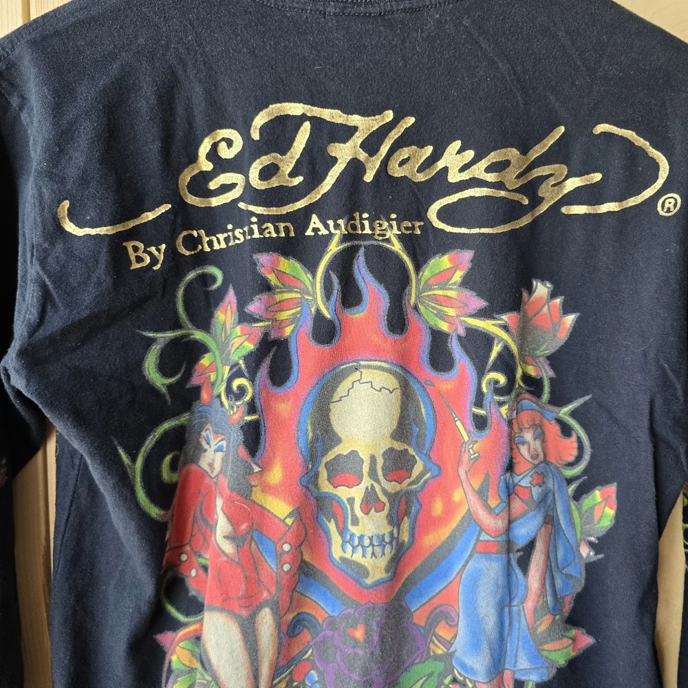 Christian Audigier Ed Hardy Long Sleeve Black Skull Floral Print Shirt Mens S - Picture 12 of 15